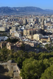 Espagne, Andalousie, Malaga, la ville avec l'Alcazaba et la cathédrale depuis le Castillo de Gibralfaro