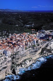 France, Corse du Sud, Bonifacio, old town perched on the limetone cliffs (aerial view)