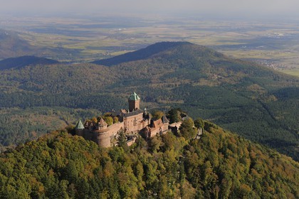 France, Bas Rhin, Orschwiller, Alsace Wine Road, Haut Koenigsbourg Castle in the Vosges forest (aerial view)