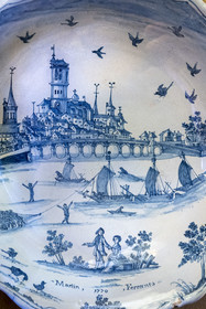 France, Nièvre, Nevers, Museum of Earthenware (musée de la Faïence) and Fine Arts, salad bowl with patronymic decoration at Pont de Loire dedicated to Martin Ferrants (1770) attributed to Claude Guillaume Bigourat