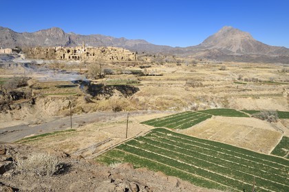 Iran, Yazd province, edge of the Dasht-e Kavir desert, Kharanaq old village with its mud bricks (adobe) houses overlooking the Andjir valley