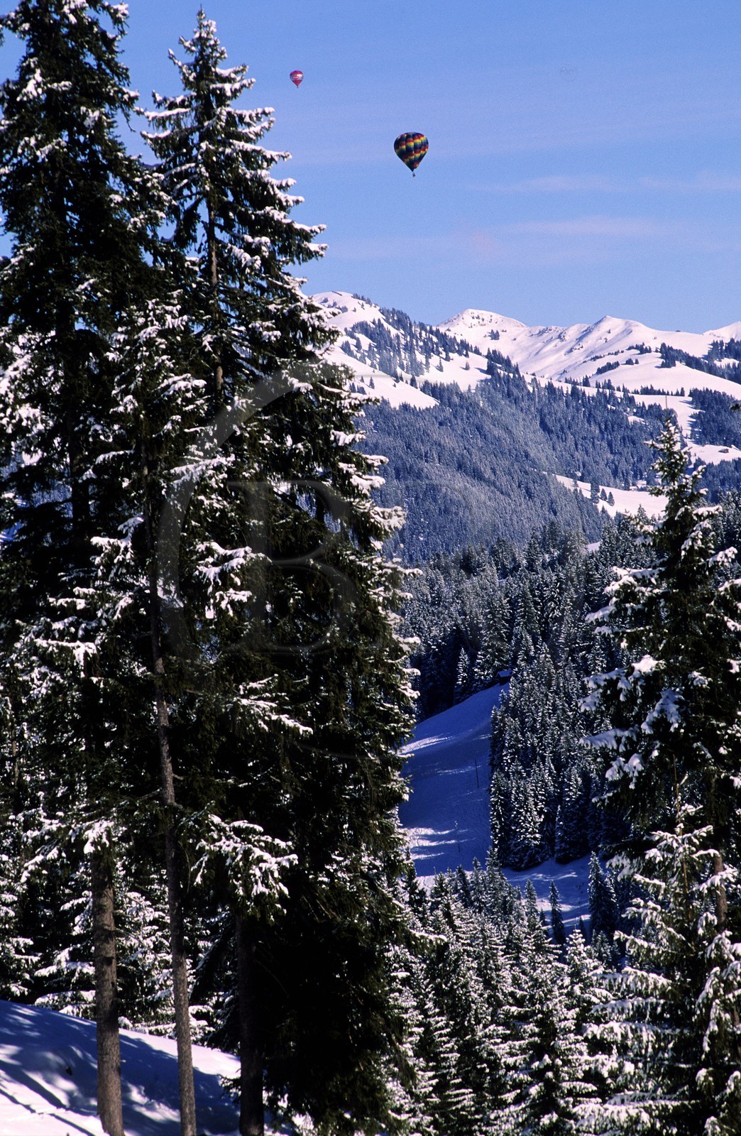 Suisse, région de Bern (Oberland Bernois), Saanenland, Gstaad, montgolfières, paysage enneigé