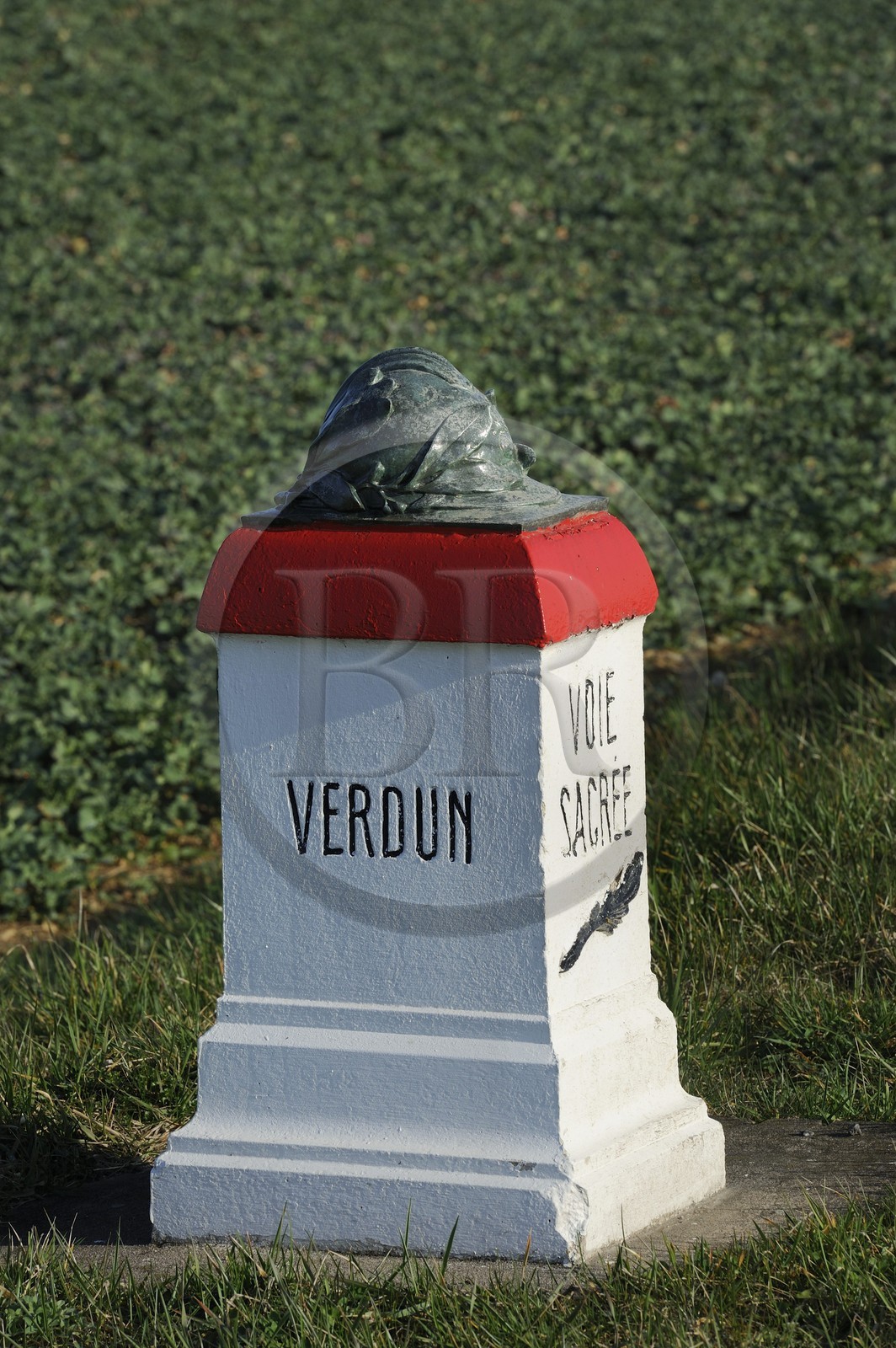 France, Meuse, Verdun area, kilometre marker of the Voie Sacrée (Sacred Way) along the road from Verdun to Bar le Duc