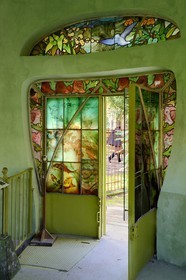 France, Meurthe-et-Moselle, Nancy, Ecole de Nancy Museum in the former estate of Eugene Corbin, stained glass windows door of the aquarium pavilion (1904) by Jacques Gruber