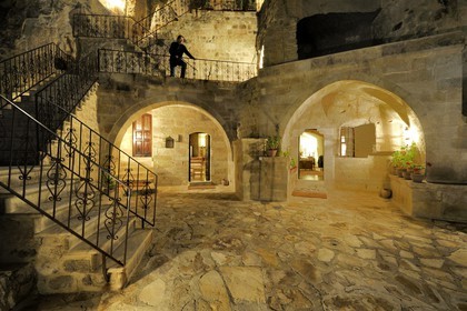Turkey, Central Anatolia, Nevsehir Province, Cappadocia listed as World Heritage by UNESCO, Urgup, Yunak Evleri luxury hotel in old troglodytic houses
