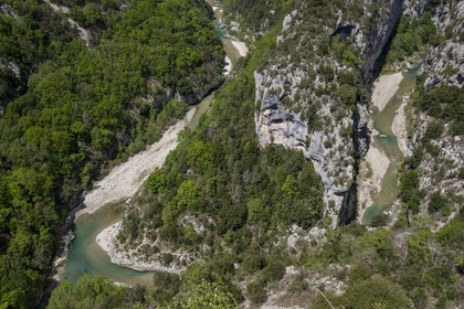France, Alpes de Haute Provence, Parc Naturel Regional du Verdon, the Verdon Gorge, view on the Verdon river and the Breche Imbert from the panoramic viewpoint of the Mescla balcony where the waters of the river mix with its tributary the Artuby