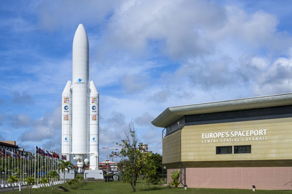 France, French Guiana, Kourou, Guiana Space Centre (Centre spatial guyanais, CSG) also called Europe's Spaceport, life-size replica of the Ariane V rocket