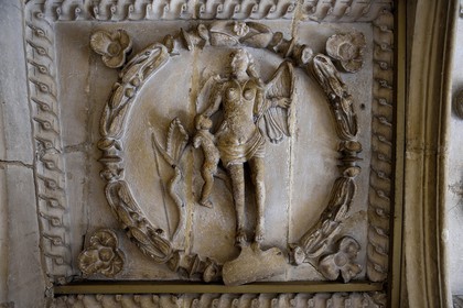 France, Dordogne, White Perigord, Perigueux, rue de la Sagesse, Hotel de Lestrade, Renaissance staircase, the landing of the first floor and its ornate coffered ceiling