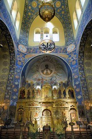France, Alpes-Maritimes (06), Nice, la cathédrale orthodoxe russe Saint-Nicolas et Sainte-Alexandra construite en 1859 sur le boulevard Tzarévitch fresque du choeur et l'iconostase