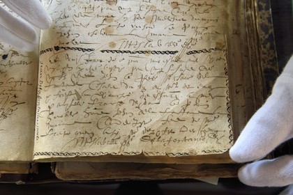 France, Aisne, Château-Thierry, Jean de La Fontaine Museum - city of Chateau-Thierry,  the poet's original baptismal certificate, subsequently annotated in the margin Jean Delafontaine poete celebre