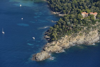 France, Var, Corniche des Maures, Le Lavandou, Cap Nègre, the Faraghi castle owned by the Bruni Tedeschi family (aerial view)