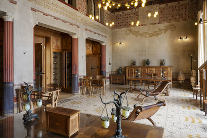 France, Alpes-Maritimes, Beaulieu-sur-Mer, neo-Greek style villa Kerylos build in 1908 by architect Emmanuel Pontremoli, the library