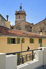 France, Var, Toulon, roof of the former municipal covered market in the Art-deco style transformed into gourmet halls, the Sainte-Marie-de-la-Seds cathedral in the background