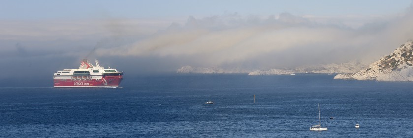 France, Bouches du Rhone, Marseille, Calanques National Park, archipelago of Frioul islands, Pomegues island, Corsica Linea Ferry arriving from Corsica