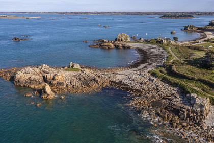 France, Cotes-d'Armor, Cote d'Ajoncs, Plougrescant, the beach of Porz Hir or Pors-hir and the mouth of the Jaudy river in the background (aerial view)