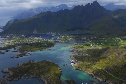 Norway, Nordland County, Lofoten Islands, Vestvagoy island, port of Ballstad (aerial view)