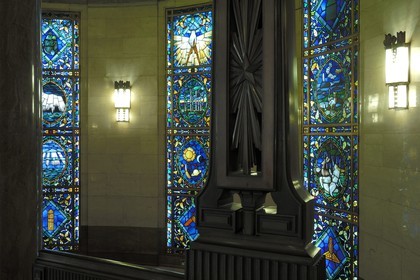 United Kingdom, London, United Grand Lodge of England, stained glass of symbols