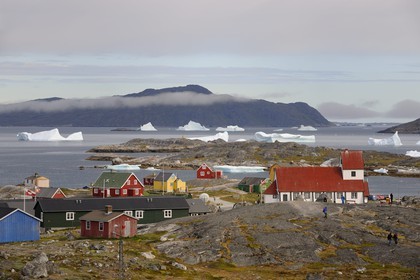 Greenland, town of Nanortalik in the Southern area and icebergs in the bay