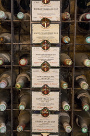 France, Cote d'Or, cultural Landscape of the climates of Burgundy listed as World Heritage by UNESCO, Route des Grands Crus (road of Vintage Wines), vineyard of the Côte de Nuits, Vougeot, the Chateau of Clos de Vougeot, wine library in the cellar of the Château du Clos de Vougeot with the plaques from the annual tastings