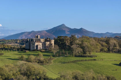 France, Pyrenees Atlantiques, Basque Country coast, Hendaye, Abbadia castle built in 1870 by Eugène Viollet-le-Duc for Antoine d'Abbadie d'Arrast and La Rhune mountain in the background (aerial view)