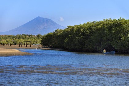 Nicaragua, the Pacific coast of Leon, Isla Juan Venado Nature Reserve mangrove and the San Cristobal volcano in the background
