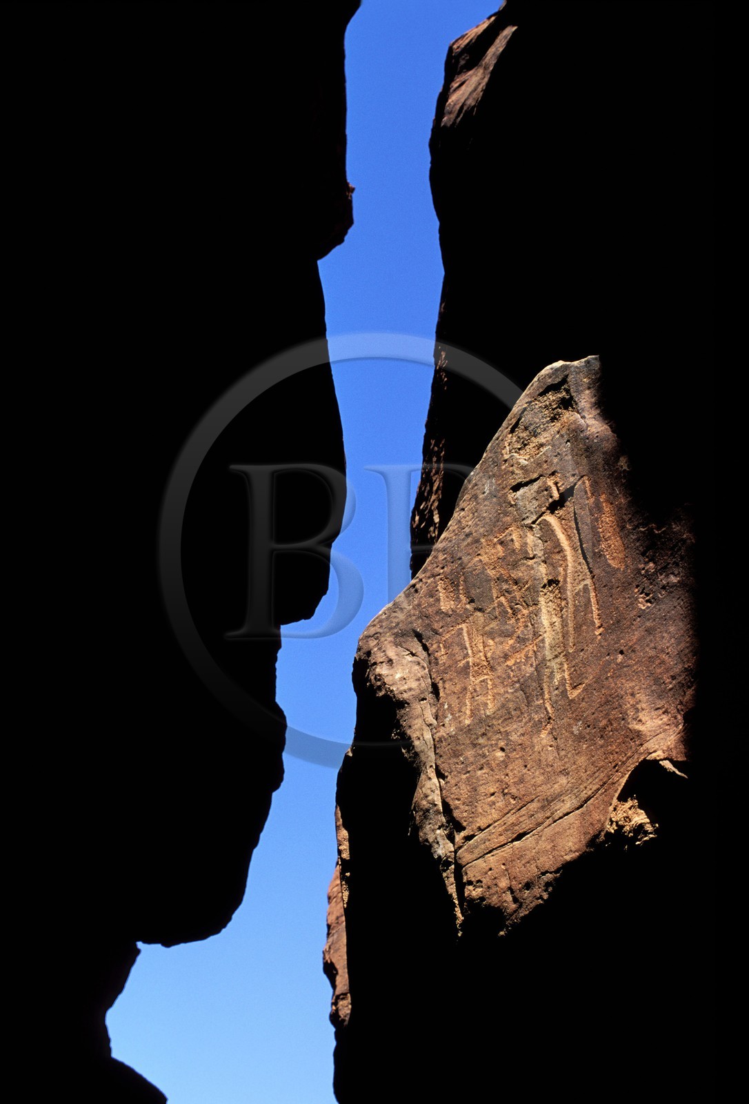 Jordanie, Wadi Rum, dessins gravés dans le Sîq du Jebel Khazali