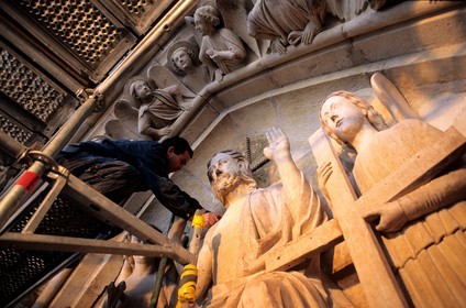 France, Paris (75), la cathédrale Notre-Dame, installation de système électrique anti-pigeons sur les statues (société Sertep)