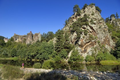 France, Haute Loire, Loire river Valley, Arlempdes, labelized the Most Beautiful Villages of France, ruins of the castle perched on a basalt rock (volcanic dyke) overlooking a Loire river meander that follows a hiker