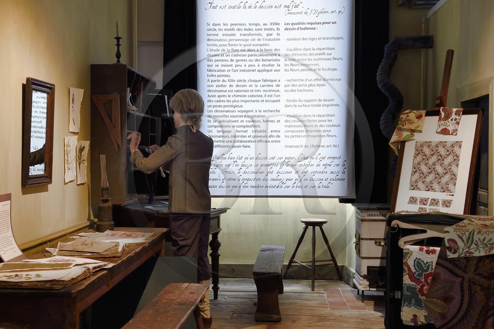 France, Haut-Rhin (68), Husseren-Wesserling, parc de Wesserling, musée du Textile, reconstitution du cabinet du dessinateur