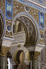 Spain, Andalusia, Seville, the Alcazar of Seville (Reales Alcazares de Sevilla), listed as World Heritage by UNESCO, Mudejar or Pedro I Palace, horseshoe arches at the entrance to the Ambassadors' Hall (Salon de Embajadores)