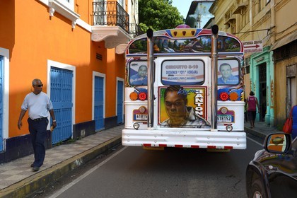 Panama, Panama City, Santa Ana neighborhood, bus called Diablo Rojo (Red Devil) covered with garish paintings