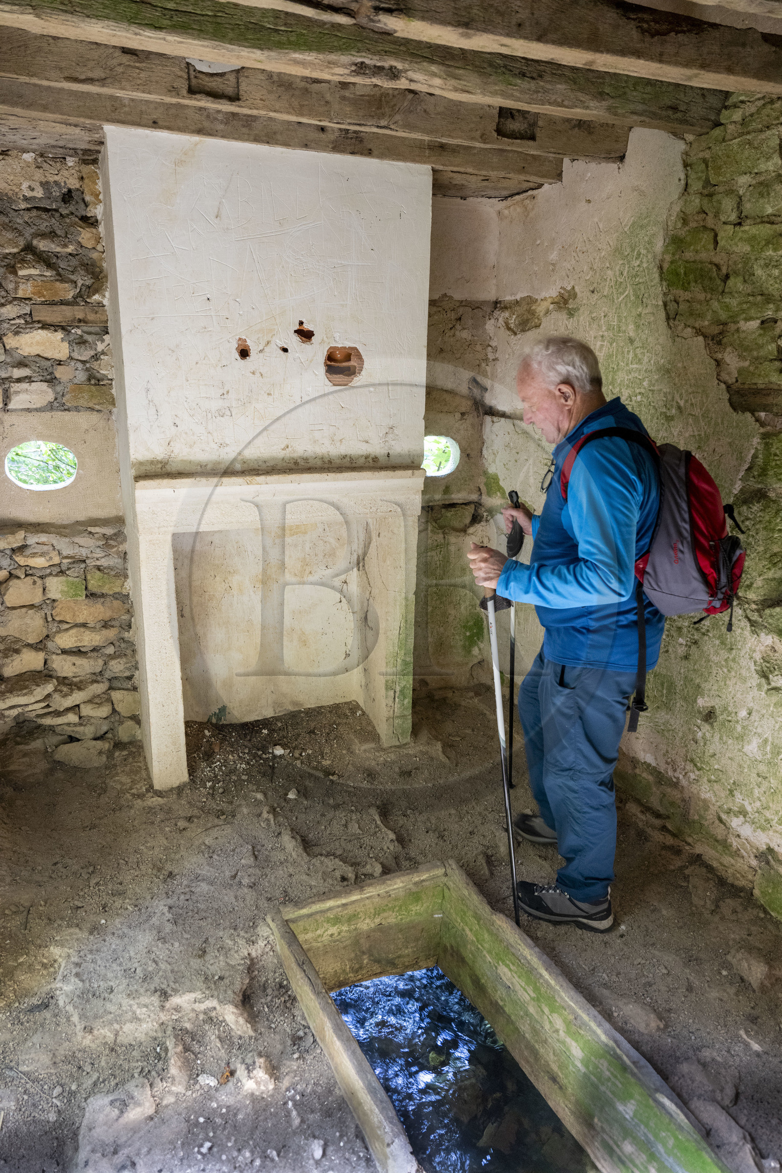 France, Côte-d'Or (21), Touillon, randonnée le long du ru (ruisseau) de Fontenay, pigeonnier de l'étang de la Roche qui servait aussi de poste de surveillance de la montée des eaux pour prévenir des crus l'abbaye de Fontenay en aval
