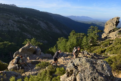 France, Corse du Sud, Alta Rocca, Aiguilles de Bavella (Bavella Needles), hikers on the alpine variante of the GR 20 (Grande Randonnée itinerary)