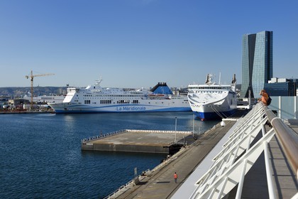 France, Bouches-du-Rhône (13), Marseille, Zone Euroméditerranée, quartier La Joliette, les Terrasses du Port et la tour CMA CGM de l'architecte Zaha Hadid en arrière plan