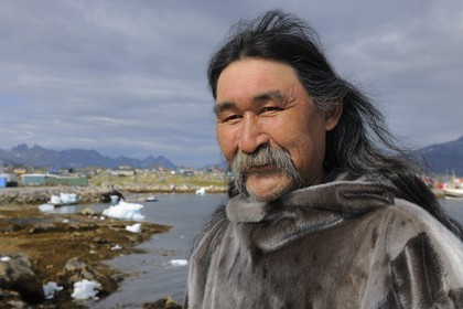 Greenland, city of Nanortalik, Inuit wearing traditional clothes made of seal skin