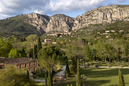 France, Alpes de Haute Provence, Parc Naturel Régional du Verdon, village of Moustiers Sainte Marie, labelled Les Plus Beaux Villages de France (The Most Beautiful Villages of France), Hotel de la Ferme Rose (aerial view)