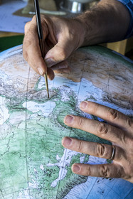France, Charente, Cognac, handcrafted terrestrial globe painted in watercolor by Gabriel Gaborel creator of OrbisTerrae