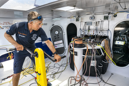 France, Vendee, Les Sables d'Olonne, skipper Manuel Cousin training on his 60-foot monohull sailboat IMOCA Coup de Pouce