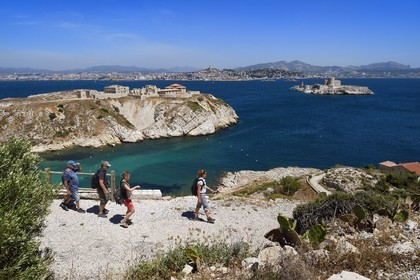 France, Bouches du Rhone, Marseille, Calanques National Park, archipelago of Frioul islands, Ratonneau island, the Caroline Hospital ruins and the Chateau d'If, Marseille city in the background