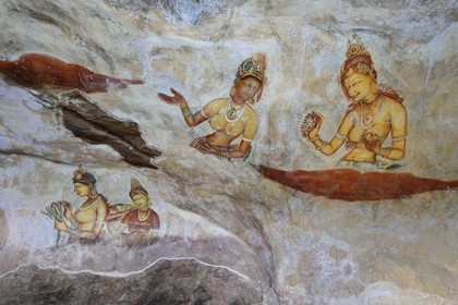 Sri Lanka, Central Province, Matale District, Sigiriya, Old city of Sigiriya listed as World Heritage by UNESCO, frescoes called The Young Ladies of Sigiriya in a Rock of the Lion cave