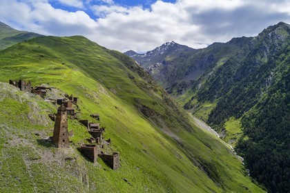 Georgia, Kakheti, Tusheti National Park, Alazani River Valley in the mountains of Pirikiti, hilltop village of Kvavlo over Dartlo (aerial view).