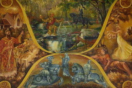 France, Morbihan, Broceliande Forest, Trehorenteuc, Sainte Onnenne church or the Graal chapel in the Arthurian Mythology, painting drawn by Karl Reizabech on the information given by abbe Gillard