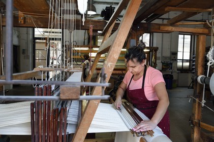 France, Var, Presqu'ile de Saint Tropez, Cogolin, the Manufacture Cogolin has been making rugs since 1924, most of them are woven by length on 19th century Jacquard hand looms, textured loom