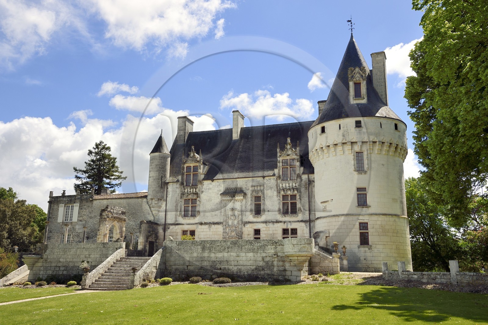 France, Charente-Maritime (17), Saintonge, Crazannes, chateau de Crazannes, la facade nord ornée de sculptures de style flamboyant et la tour cylindrique à machicoulis coiffée d'une poivrière très pointue
