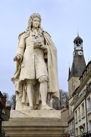 France, Aisne, Château-Thierry, statue of Jean de La Fontaine by the sculptor Charles-René Laitié and the Balhan tower in the background