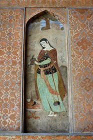 Iran, Isfahan Province, Isfahan, naghsh-i jahan square also known as Imam Khomeiny square, Ali Qapu palace, fresco from the portico of the palace depicting a Persian woman