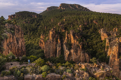 France, Var, between Bagnols en Foret and Roquebrune sur Argens, hiker at the entrance of the Gorges du Blavet (aerial view)