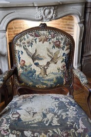 France, Aisne, Château-Thierry, Jean de La Fontaine Museum - city of Chateau-Thierry in the birthplace of the poet and writer, Louis XV armchair covered with an Aubusson tapestry representing the Fable of the turtle and the two ducks