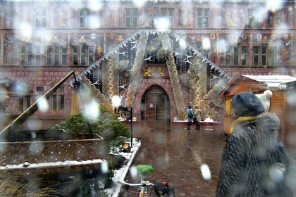 France, Haut Rhin, Mulhouse, the Town Hall decorated with the official Christmas fabric of the city of Mulhouse created by Marie-Jo Gebel, here that of 2021