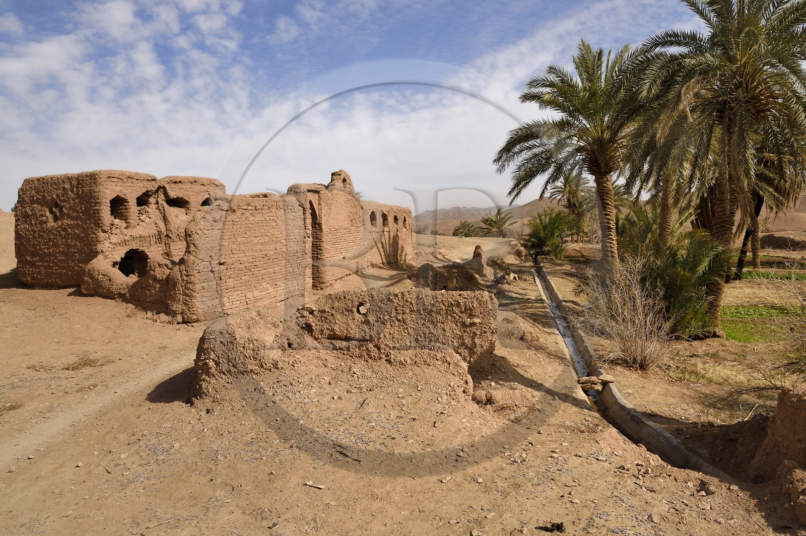 Iran, Province d'Ispahan, désert du Dasht-e Kavir, l'oasis d'Arousan dans la région de Khur et Biabanak, ruine de maisons en terre crue et canal d'irrigation des champs cultivés Iran, Province d'Ispahan, désert du Dasht-e Kavir, l'oasis d'Arousan dans la région de Khur et Biabanak, ruine de maisons en terre crue et canal d'irrigation des champs cultivés
